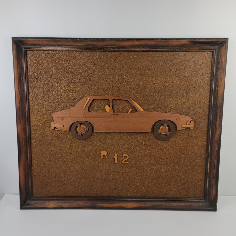 Handcrafted Wooden Renault 12 R12 Intarsia Wall Art Cork Background Framed